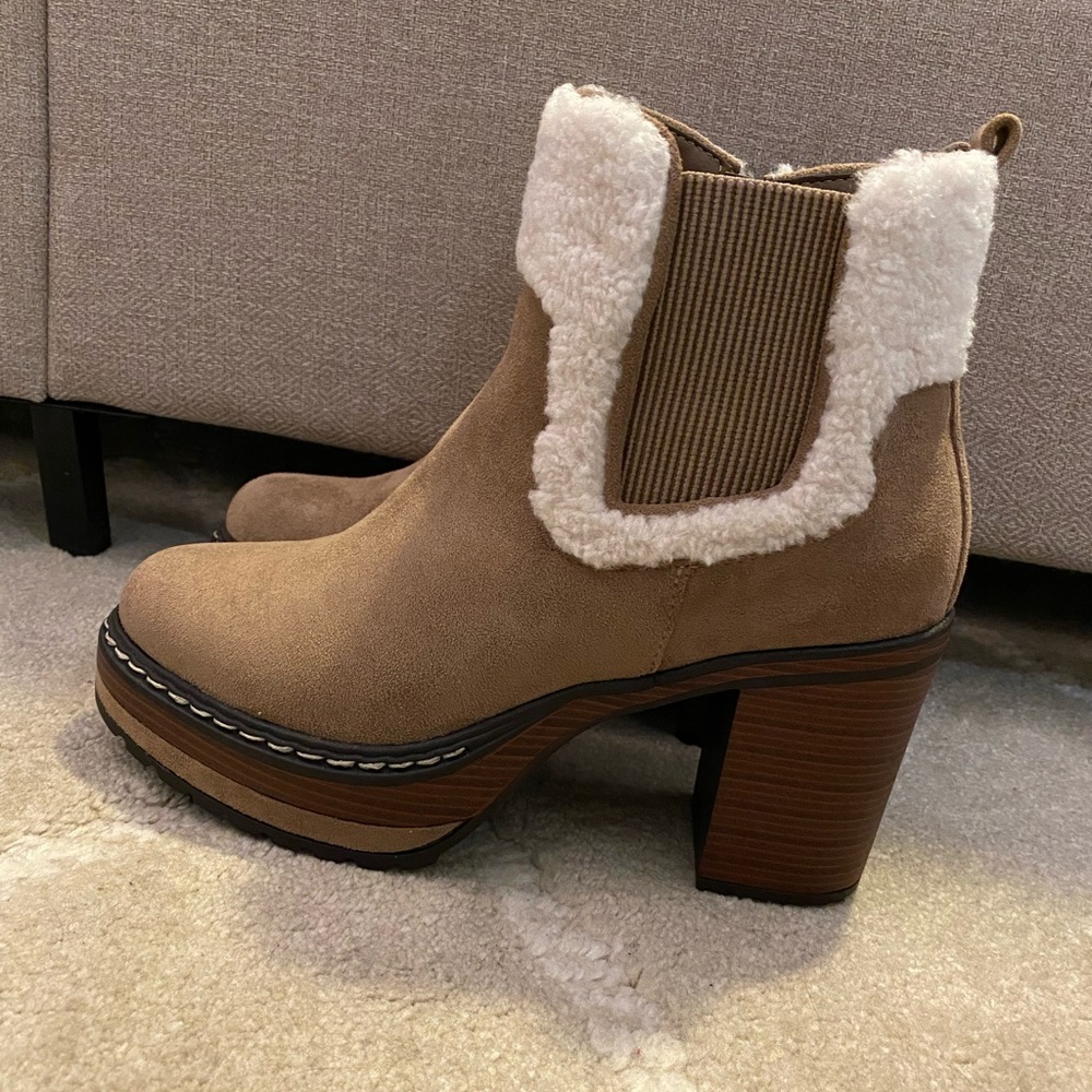 Tan, platform, lug sole booties with Sherpa lining on top